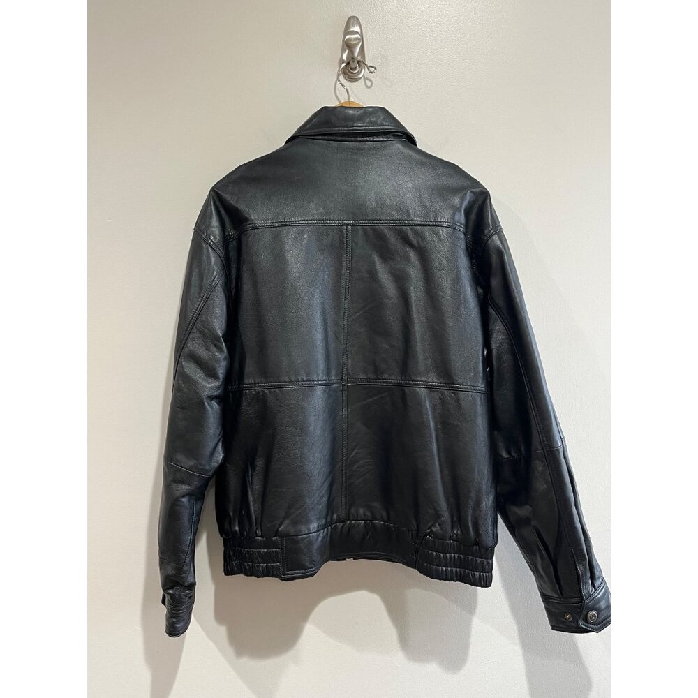 VTG 90s William Barry Leather Bomber Jacket Mens L Black Pockets - Picture 2 of 8